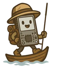 The Nomaduino character: a handheld microcontroller with a face, wearing a straw hat and a backpack, standing in a wooden canoe and holding up an antenna mast