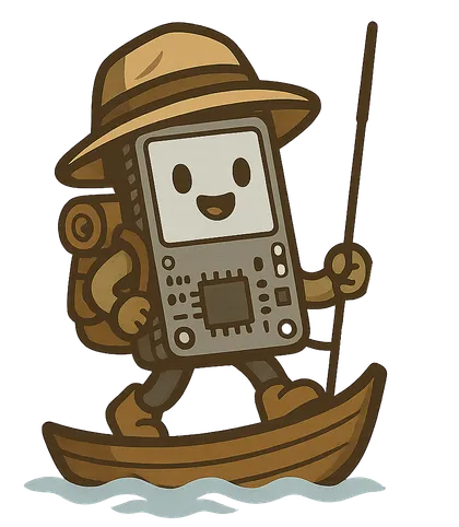 The Nomaduino character: a handheld microcontroller with a face, wearing a straw hat and a backpack, standing in a wooden canoe and holding up an antenna mast